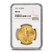 1911-D Pre-33 $20 Saint Gaudens Gold Double Eagle Coin NGC MS62