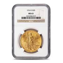 1914-S Pre-33 $20 Saint Gaudens Gold Double Eagle Coin NGC MS63