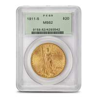 1911-S Pre-33 $20 Saint Gaudens Gold Double Eagle Coin PCGS MS62
