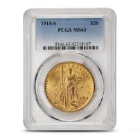 1914-S Pre-33 $20 Saint Gaudens Gold Double Eagle Coin PCGS MS63