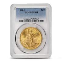 1914-S Pre-33 $20 Saint Gaudens Gold Double Eagle Coin PCGS MS64