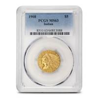 1908 Pre-33 $5 Indian Gold Half Eagle Coin PCGS MS63