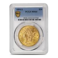 1894-S Pre-33 $20 Liberty Gold Double Eagle Coin PCGS MS64