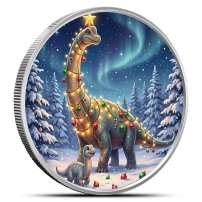 1 oz Colorized Scottsdale Christmas Dinosaurs & Northern Lights Silver Round (New)