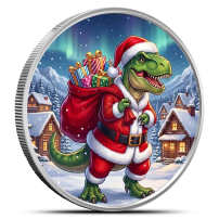 1 oz Colorized Scottsdale Christmas T-Rex Santa Silver Round (New)