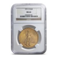 1911-D Pre-33 $20 Saint Gaudens Gold Double Eagle Coin NGC MS64