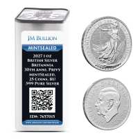 2027 1 oz British Silver Britannia Tube (MintSealed, 25 Coins, BU)