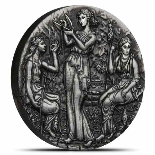 2025 2 oz Antique Tuvalu Silver Fate The Moirai Coin (Box + CoA, High Relief)