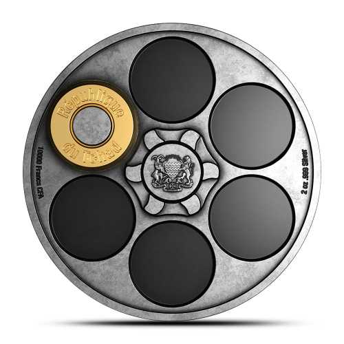 2025 2 oz Antique Republic of Chad Silver Russian Roulette Coin (Box + CoA, Ultra High Relief)
