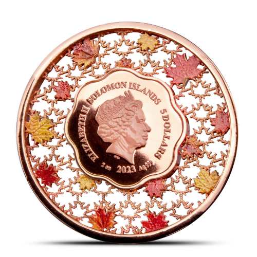 2023 2 oz Colorized Solomon Islands Silver Filigree Maple Leaf Coin (Box + CoA, Proof-Like)