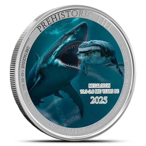 2025 1 oz Colorized Congo Silver Prehistoric Life Megalodon Coin (BU)