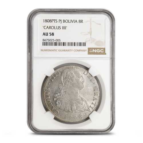 1788 - 1808 8 Reales Bolivian Silver Spanish Pillar Dollar NGC AU58