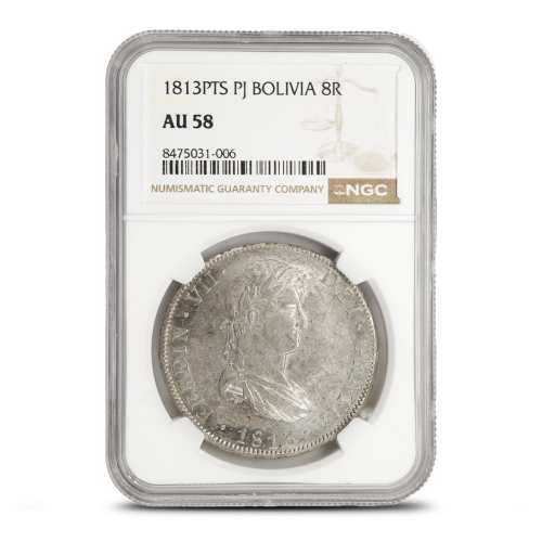 1808 - 1825 8 Reales Bolivian Silver Spanish Pillar Dollar NGC AU58