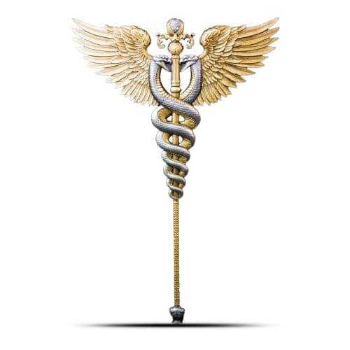 2.5 oz Antique The Divine Weapons Winged Staff Silver Bar (Box + CoA, Gilded)