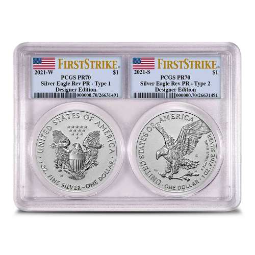 2021 Reverse Proof American Silver Eagle 2-Coin Designer Set PCGS PR70 FS (Type 1 + 2, Dual Core)