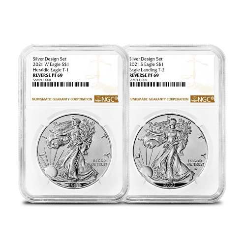2021 Reverse Proof American Silver Eagle 2-Coin Designer Set NGC PF69 (Type 1 + 2)