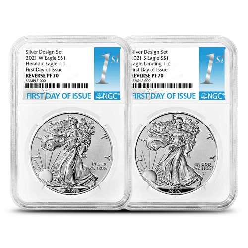 2021 Reverse Proof American Silver Eagle 2-Coin Designer Set NGC PF70 FDOI (Type 1 + 2, Blue Label)