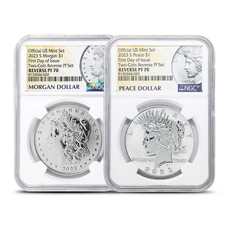 2023 Reverse Proof Morgan &amp; Peace Silver Dollar 2-Coin Set NGC PF70