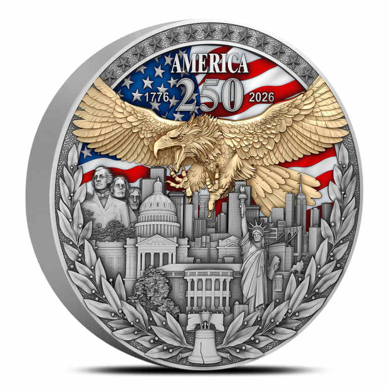 2026 2 oz Antique Colorized Niue Silver America 250 Coin (Box + CoA)