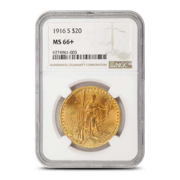 1916-S Pre-33 $20 Saint Gaudens Gold Double Eagle Coin NGC MS66+