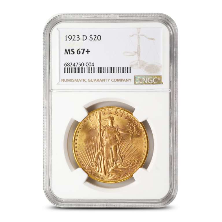 1923-D Pre-33 $20 Saint Gaudens Gold Double Eagle Coin NGC MS67+