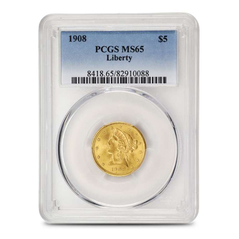 1908 Pre-33 $5 Liberty Gold Half Eagle Coin PCGS MS65