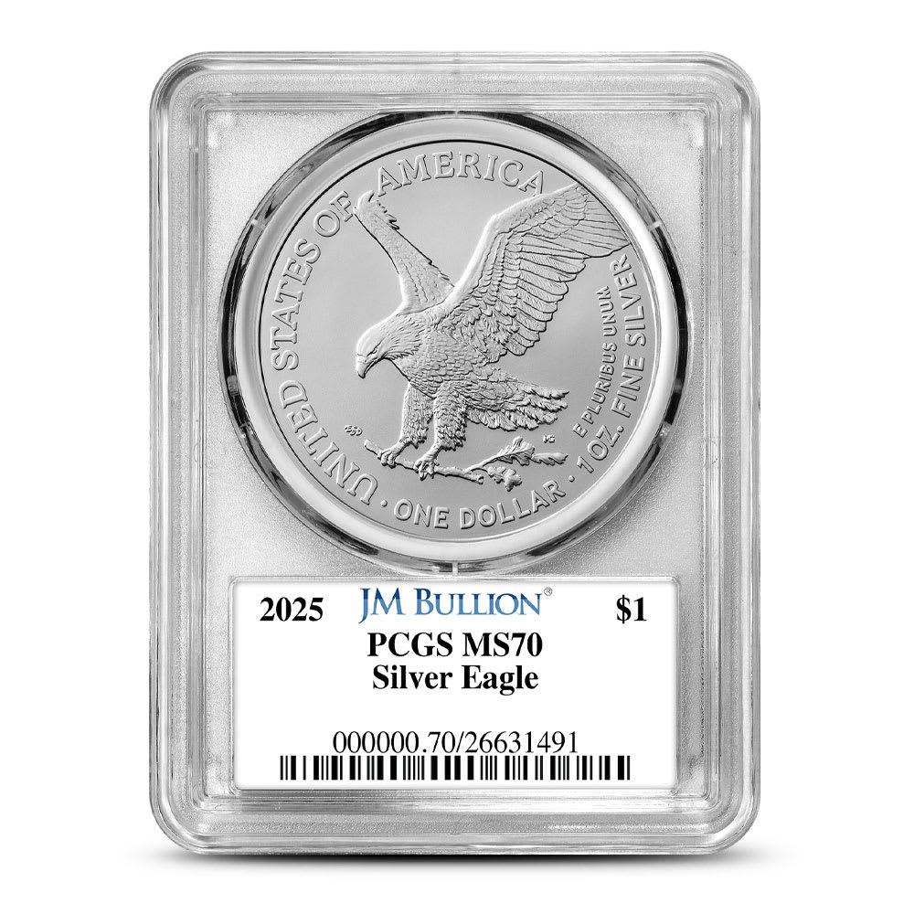 2025 American Silver Eagle Coin PCGS MS70 (Trump JM Bullion Label